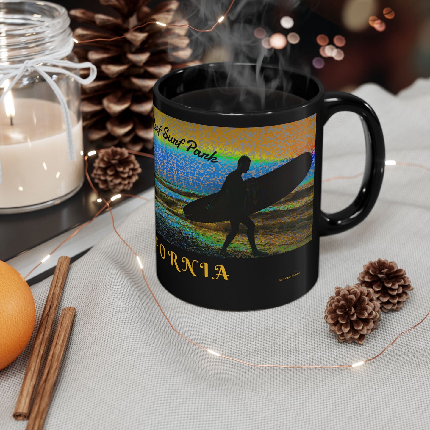 Swamis Vibe Encinitas California JSE Sunset Surf Designs #6 Xcorps Films Swamis Vibe Ceramic Mug California Surfing Mug, Black Ceramic Coffee Cup, Beach Lover Gift, Surfboard Artwork, Swami's Reef Surf, Unique Coffee Mug