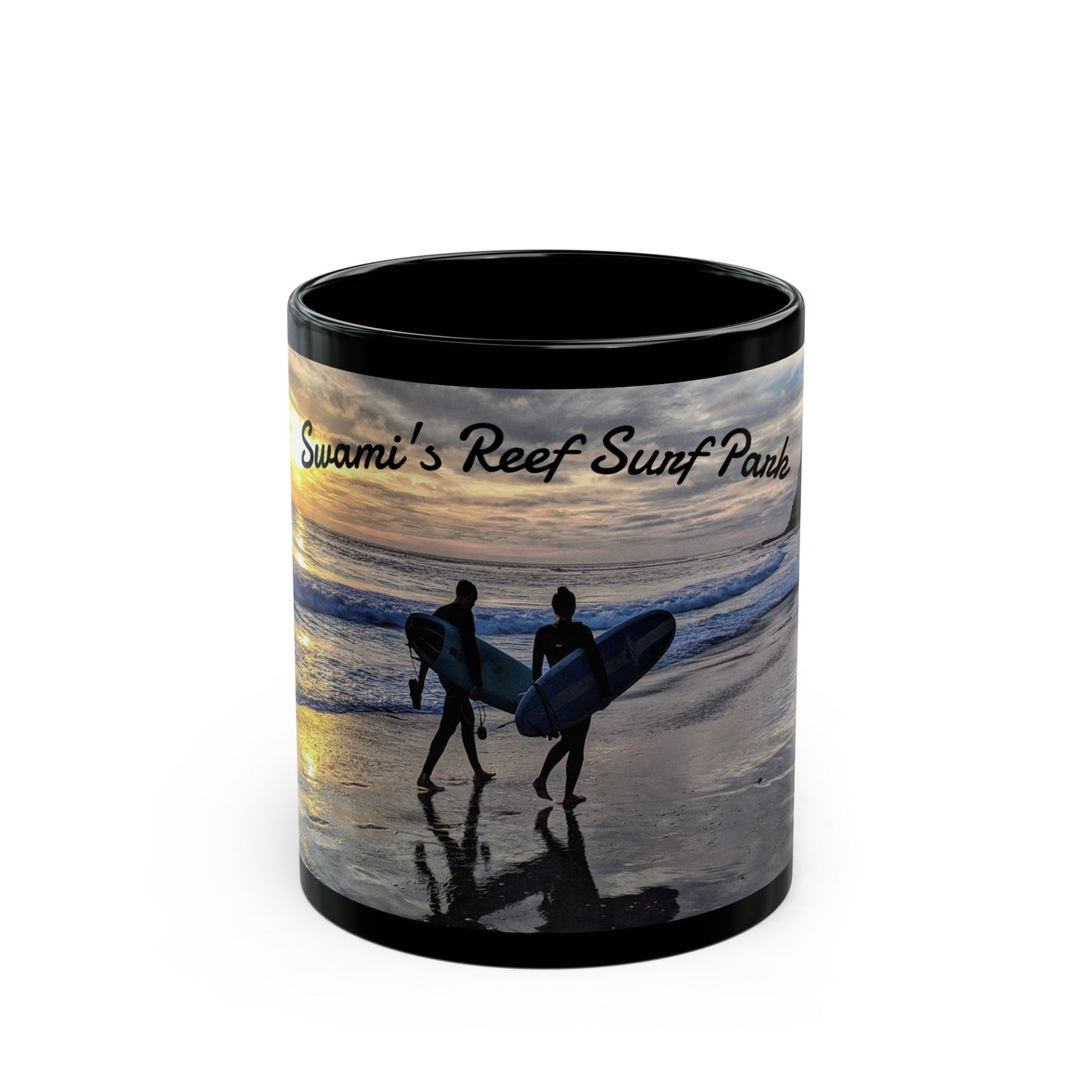 Swamis Vibe Encinitas California JSE Designs #8 Swamis Sunset Surf Couple Ceramic Mug Surf Park Black Mug | Ocean Sunset Coffee Cup, Beach Lover Gift, Surfing Theme Mug, Unique Drinkware for Home or Office