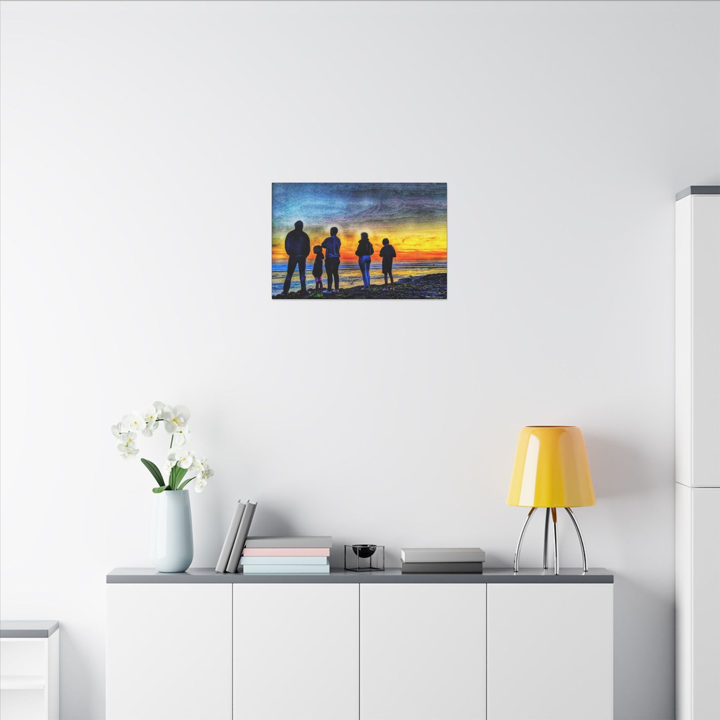 Swamis Vibe Encinitas California JSE Photograph #131 Swamis Low Tide Tourists Sunset Family Silhouette Canvas Wall Art, Stretched Canvas, Home Decor for Living Room, Gift for Parents, Family Portrait, Nature Art