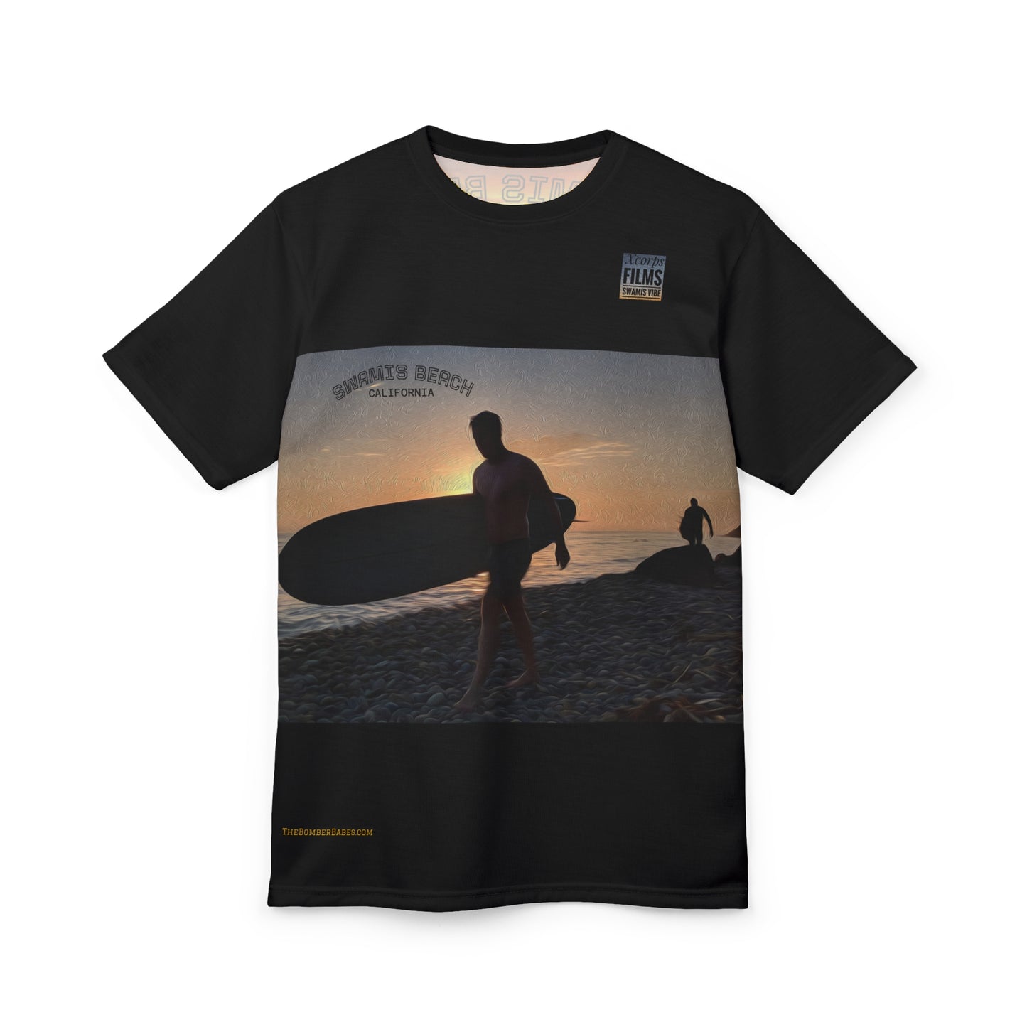 Swamis Vibe Encinitas California JSE Designs #4. Swamis Sunset Surfer Unisex T Tee, Gift for Surfers, Casual Summer Wear, Abstract Designs, Ocean Lover Shirt, Men’s & Women’s Apparel