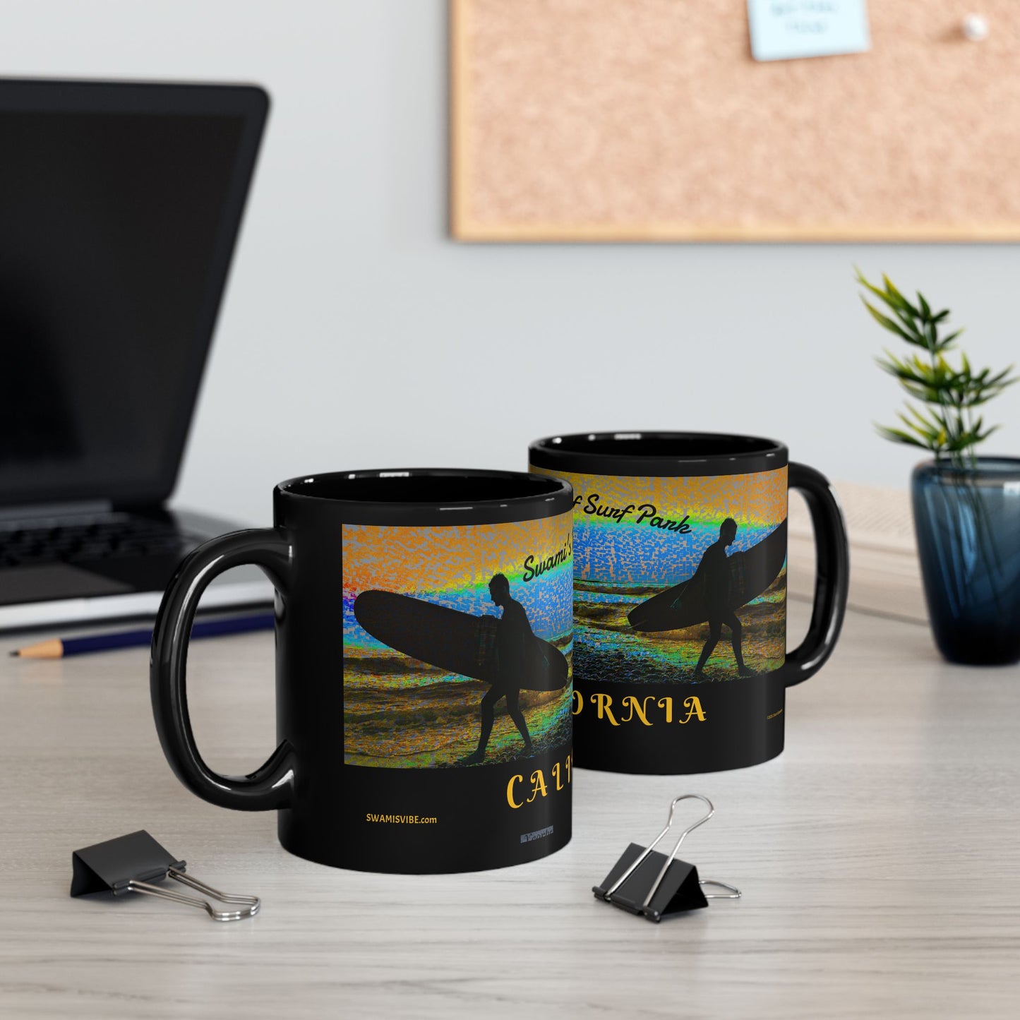Swamis Vibe Encinitas California JSE Sunset Surf Designs #6 Xcorps Films Swamis Vibe Ceramic Mug California Surfing Mug, Black Ceramic Coffee Cup, Beach Lover Gift, Surfboard Artwork, Swami's Reef Surf, Unique Coffee Mug