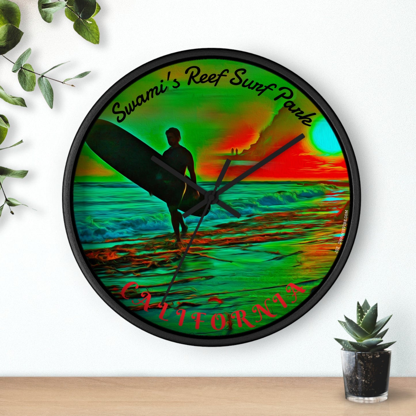 Swamis Vibe Encinitas California JSE Designs Swamis Surfing Sunset Wall Clock #3. Pop Art Sunset Surfer Wall Clock