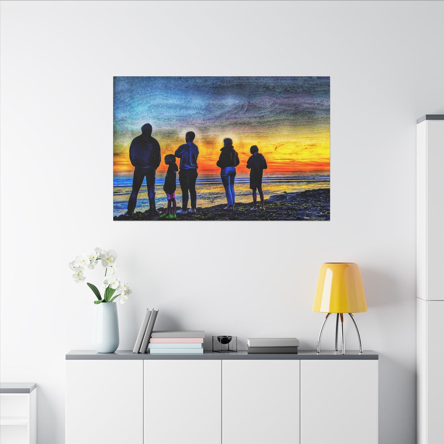 Swamis Vibe Encinitas California JSE Photograph #131 Swamis Low Tide Tourists Sunset Family Silhouette Canvas Wall Art, Stretched Canvas, Home Decor for Living Room, Gift for Parents, Family Portrait, Nature Art