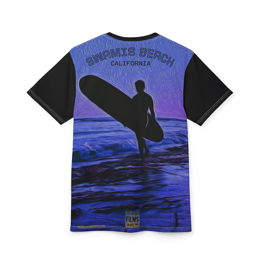 Swamis Vibe Encinitas California JSE Designs #3. Purple Moon Surfer Moonlit Ocean Unisex Tee, Artistic Graphic T-Shirt, Beach Lover Gift, Summer Wear, Unique Casual Top
