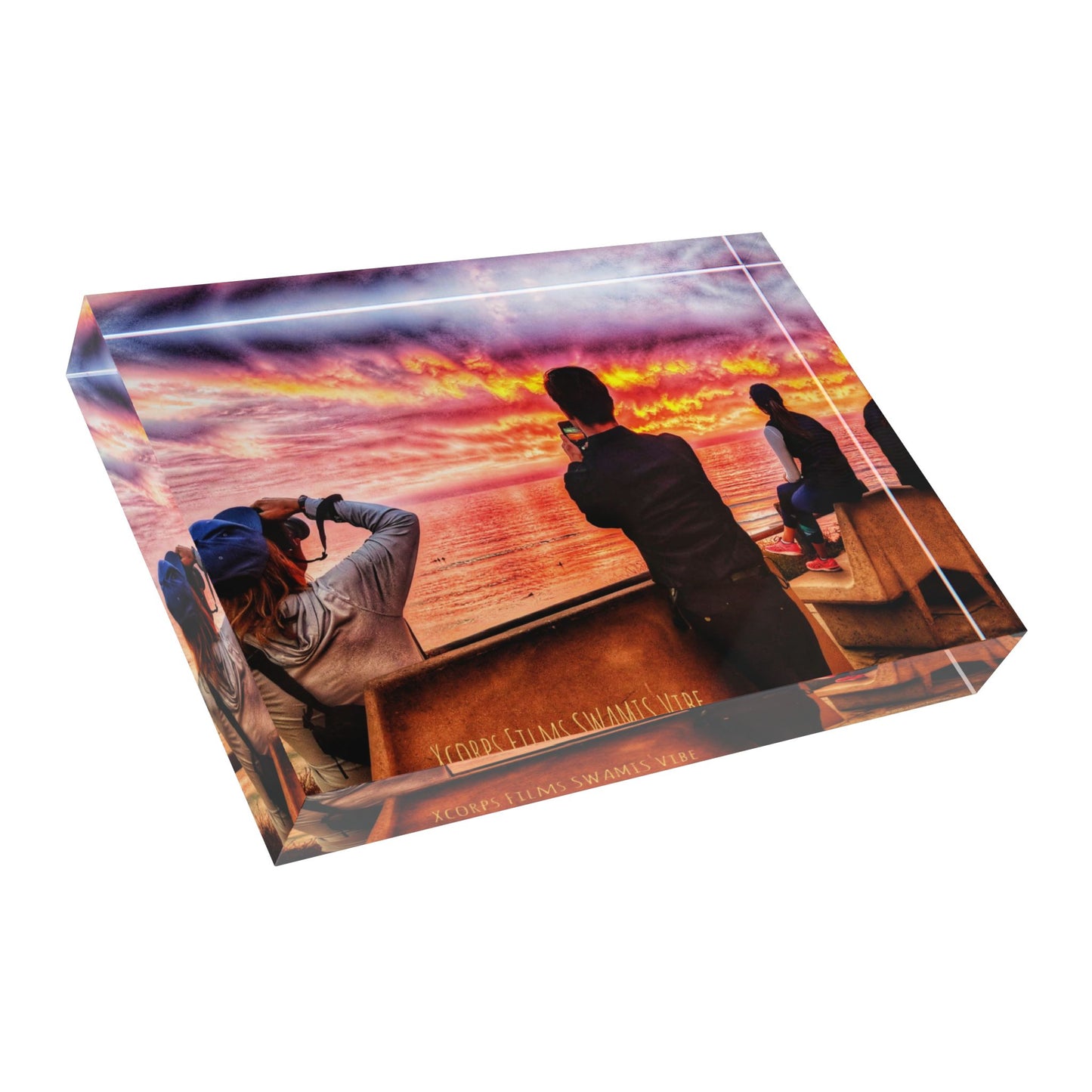 Swamis Vibe Surf and Sunsets Red Clouds Scenic Photo Block Display, Perfect for Home Decor, Photography Lovers, Gift for Friends, Sunset Memories, Unique Wall Art