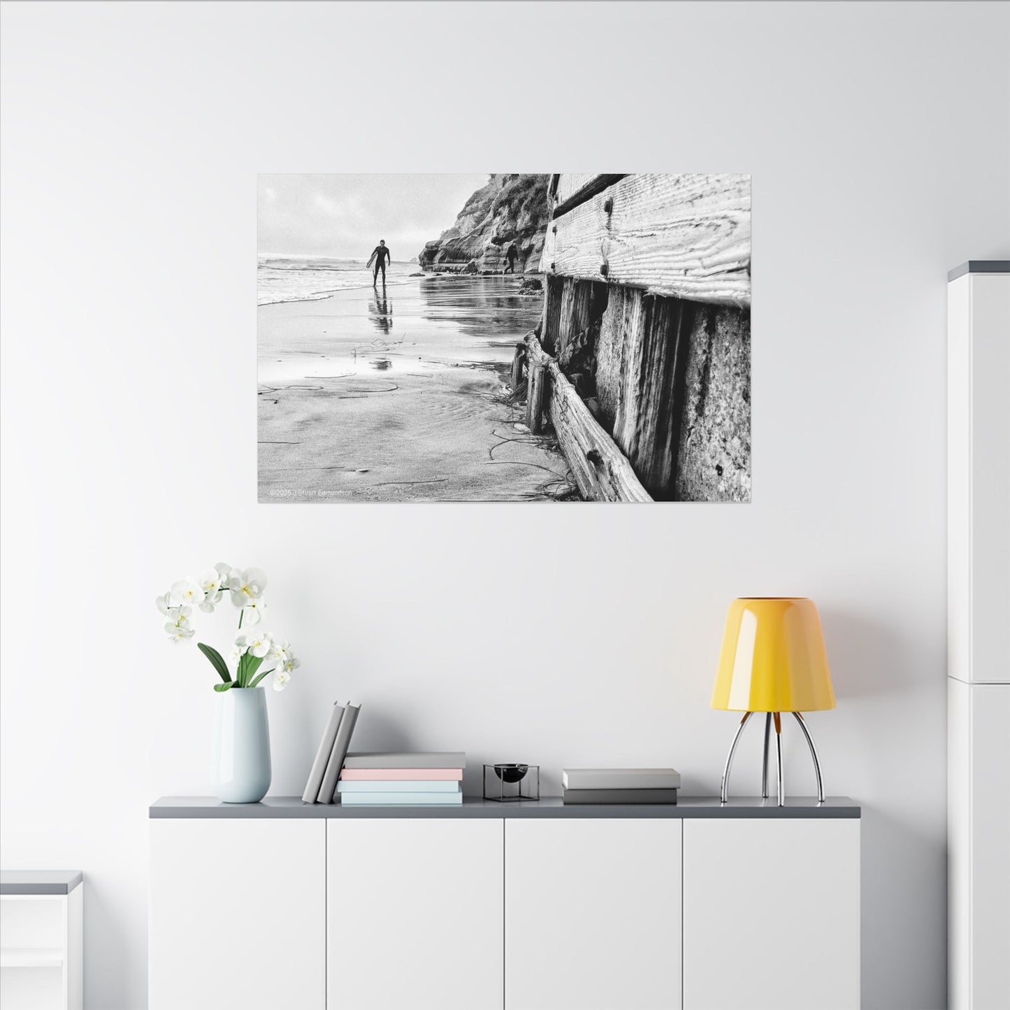 Swamis Vibe Encinitas California JSE Photograph #1221 Surfer on Swamis Beach BW Surfing Wall Art Print, Black and White Coastal Decor, Beach Lover Gift, Home Office Artwork, Surfer Canvas
