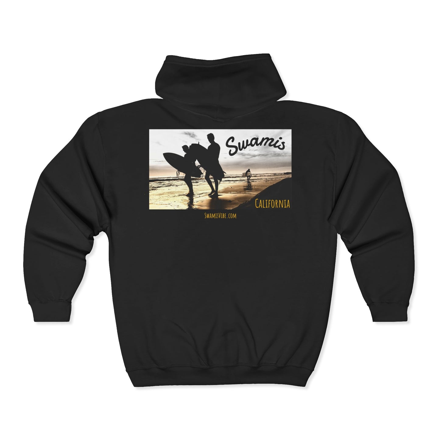 Black hoodie with a beach scene graphic and 'Swami's California' text on the back.