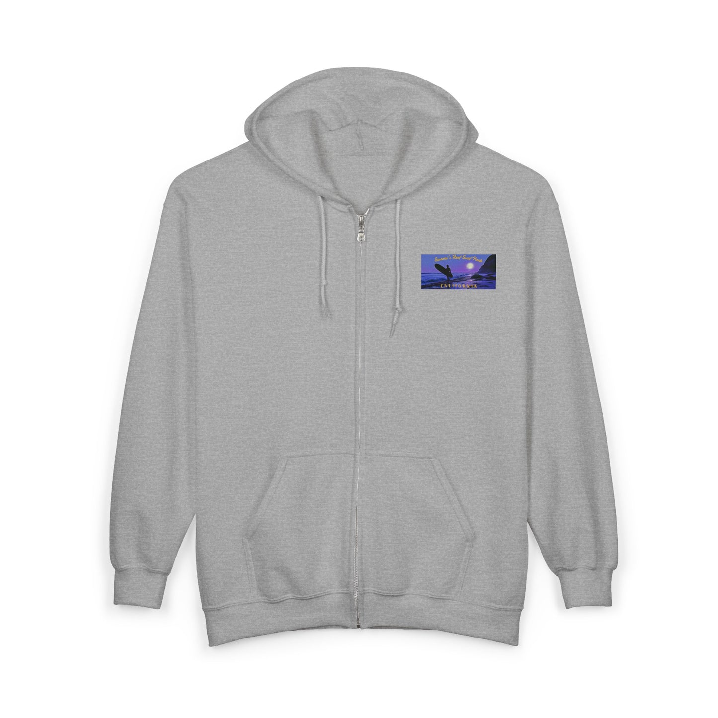 Gray Hoodie with a small surfing logo on the chest and large sunset surfing image on back.