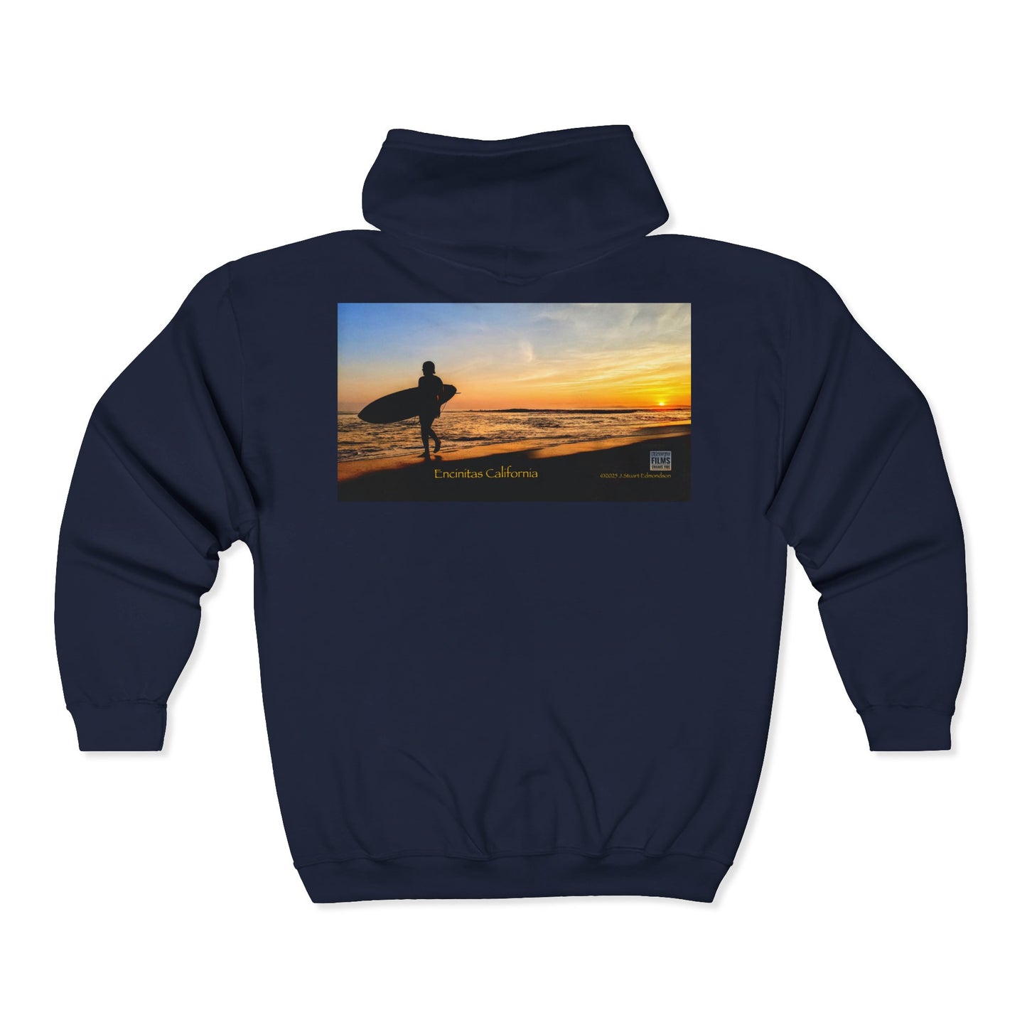 Navy blue hoodie with a sunset and surfer design on the back, on a sunset sky background.